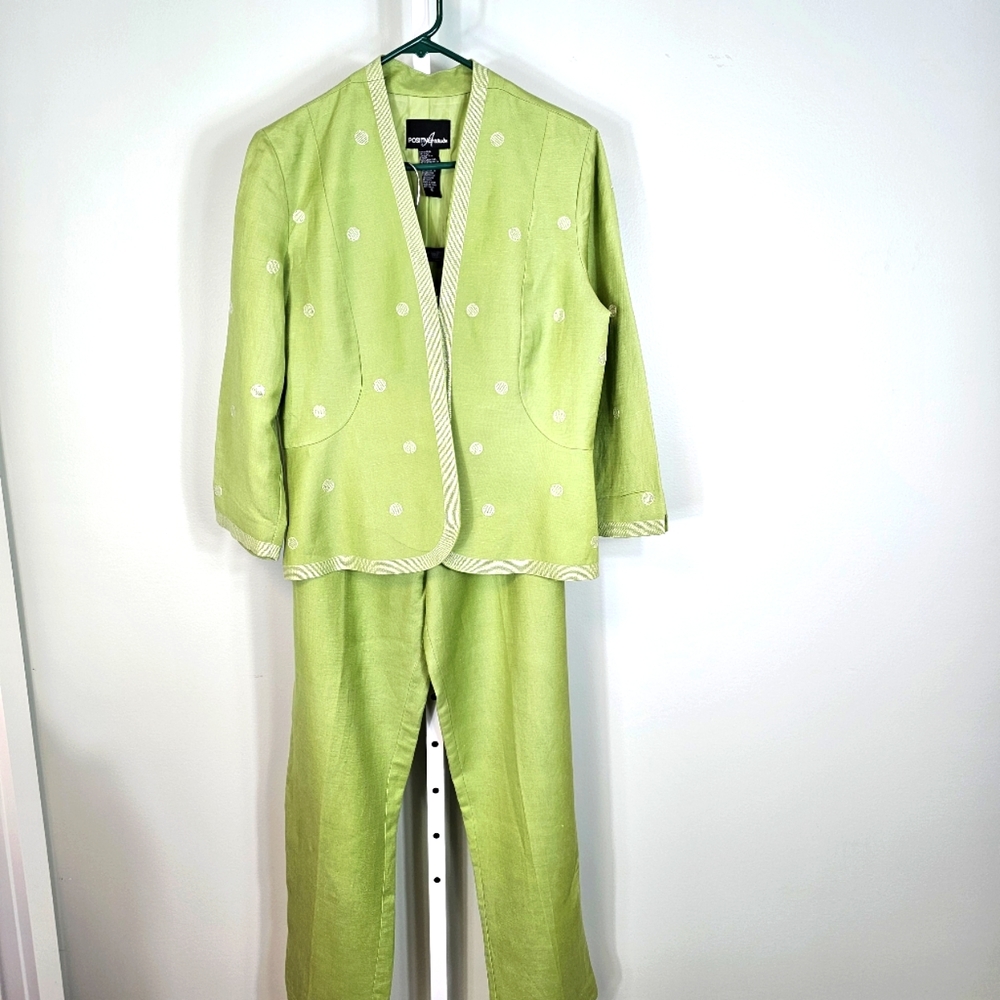 Positive Attitude 2 piece outfit size 12. 55% linen, Poly. Lime green Polka-dot